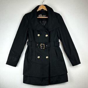 Guess Wool Blend Double Breasted Belted Jacket Pea Coat Skirted Bottom Black